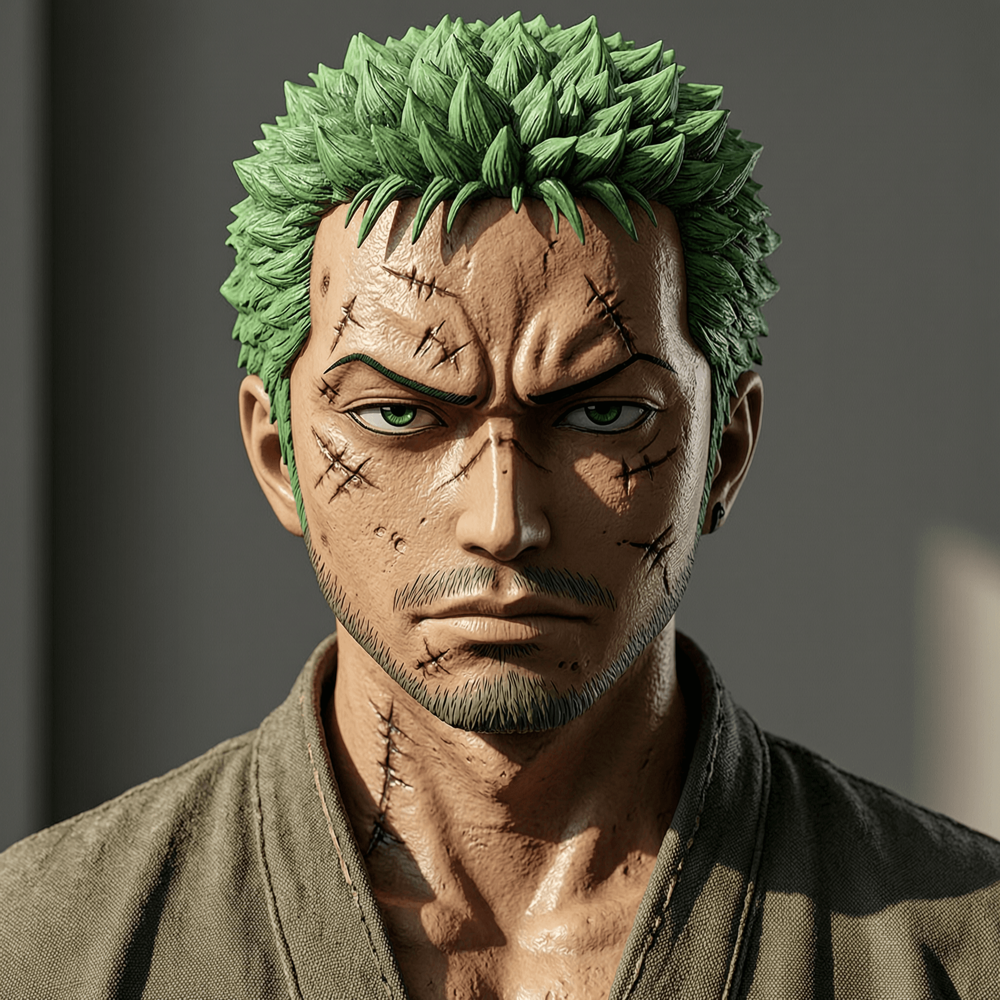 Roronoa Zoro from One Piece, ultra realistic detailed character portrait, Close-up portrait framing,